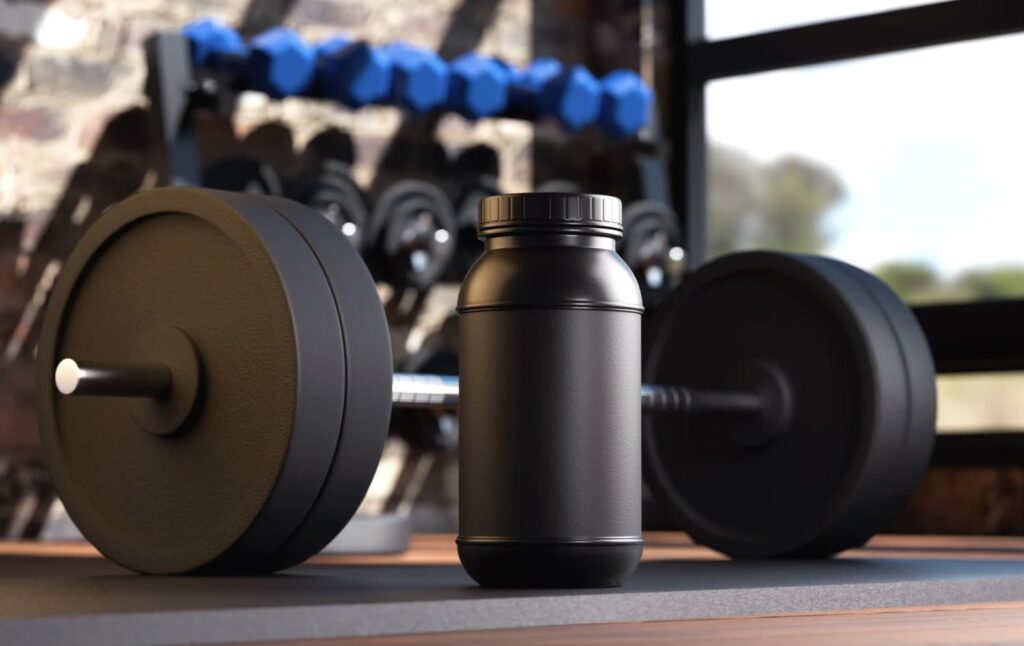 Suplementación deportiva. Aparece una mancuerna con un shaker en un gimnasio