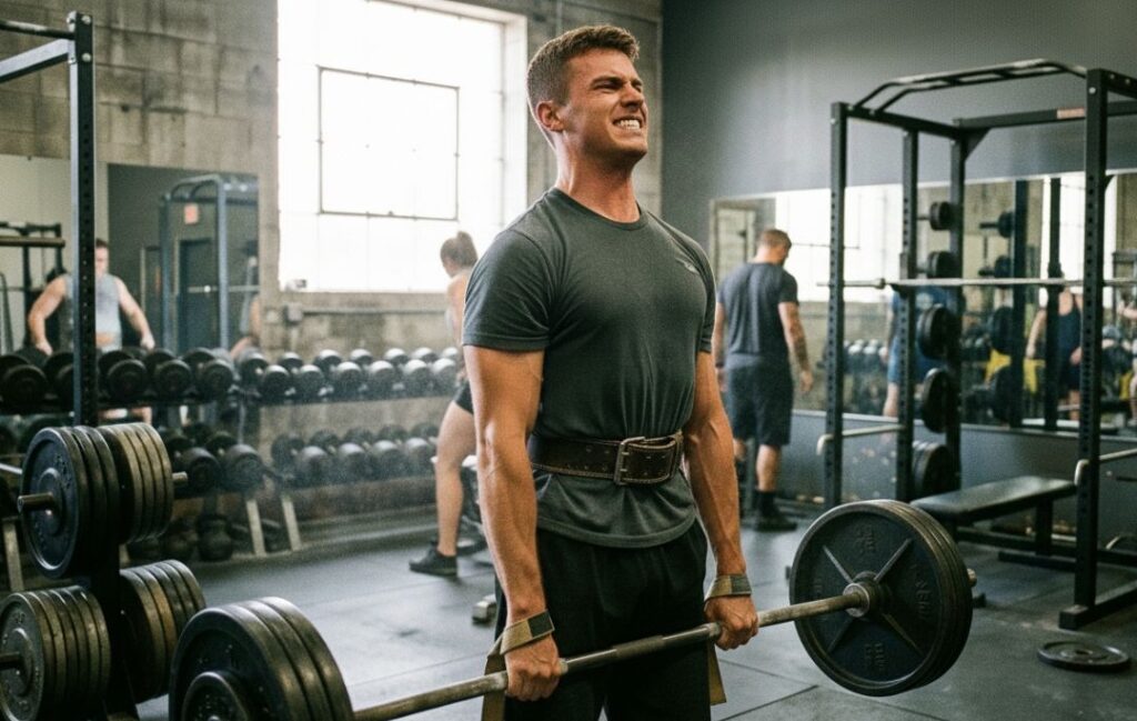hombre haciendo peso muerto en el gimnasio