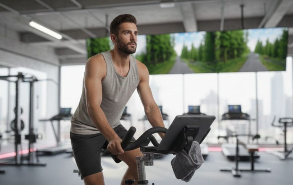 bicicleta estática con un hombre entrenando en un gimnasio