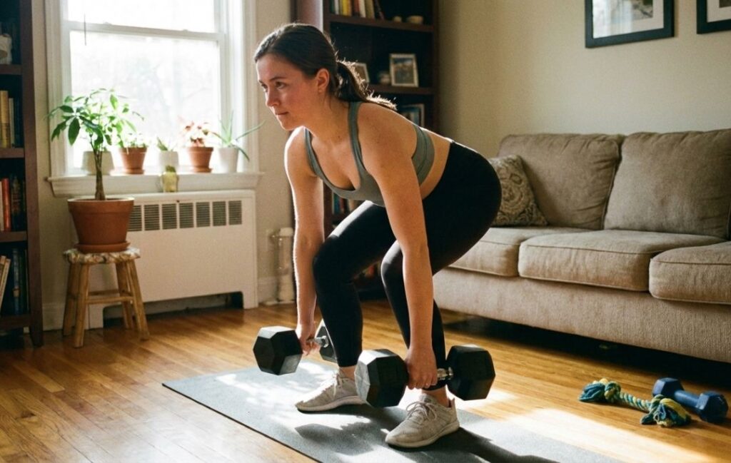 mujer haciendo peso muerto en casa