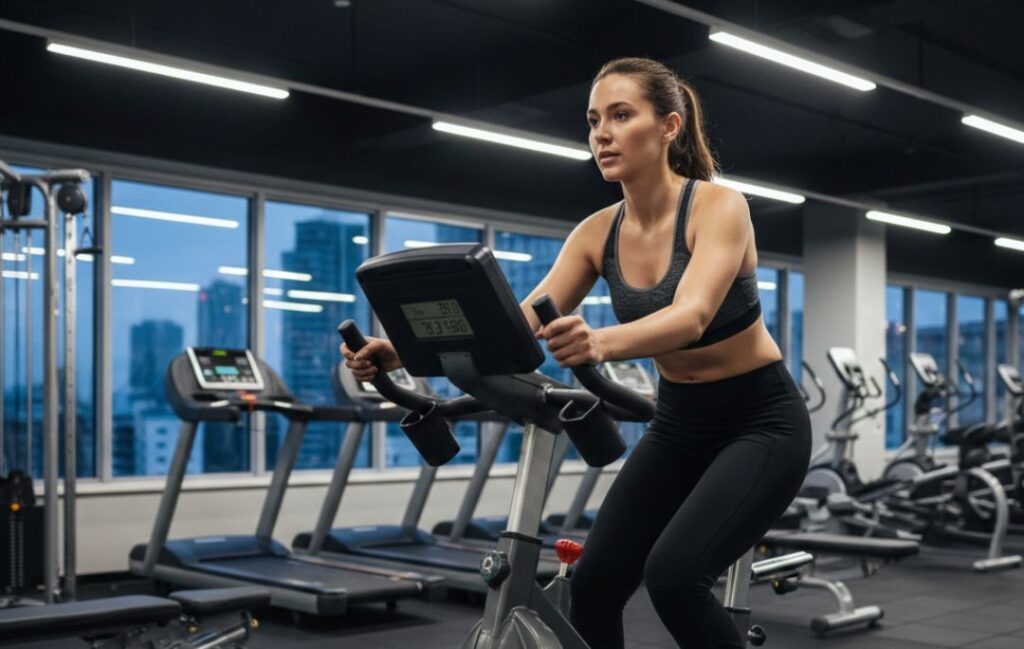 bicicleta estática con una mujer entrenando en un gimnasio